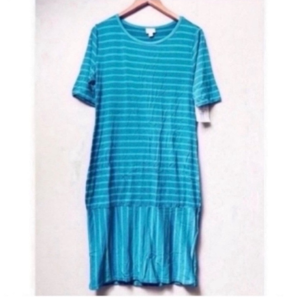 LuLaRoe Julia Dress Teal Blue Stripes